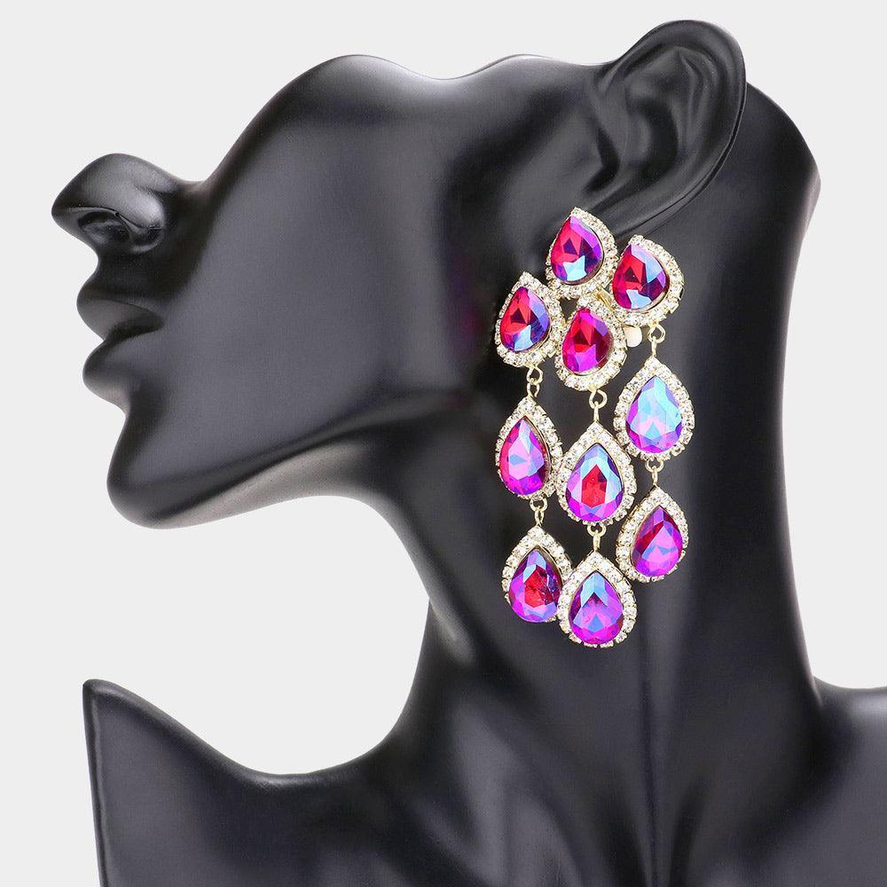 Fuchsia Teardrop Stone Link Dangle Clip on Evening Earrings - Jewelry Store by Erik Rayo