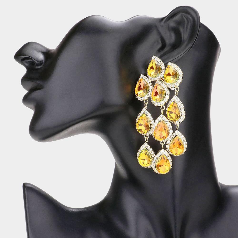 Yellow Teardrop Stone Link Dangle Clip on Evening Earrings - Jewelry Store by Erik Rayo