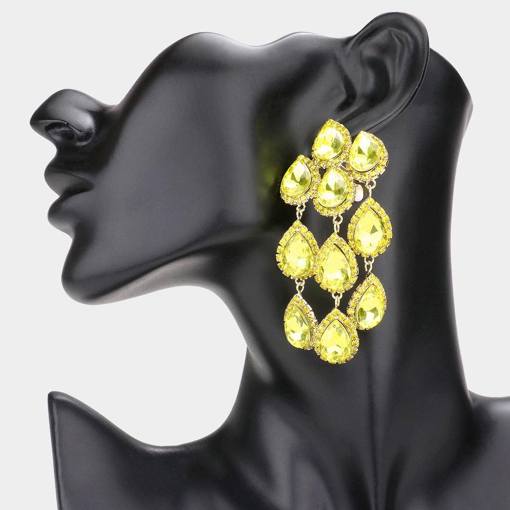 Yellow Teardrop Stone Link Dangle Clip on Evening Earrings