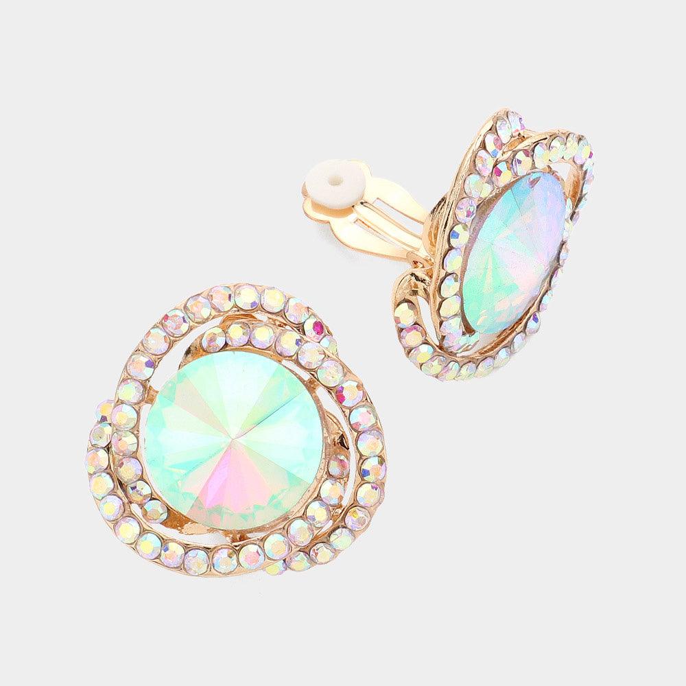 Gold Round Stone Accented Evening Clip On Earrings