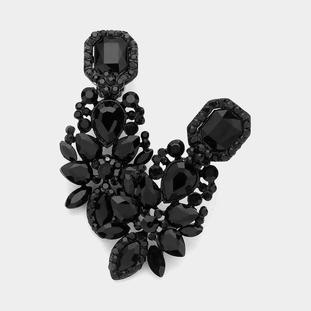 Black Marquise Square Stone Pointed Evening Clip On Earrings