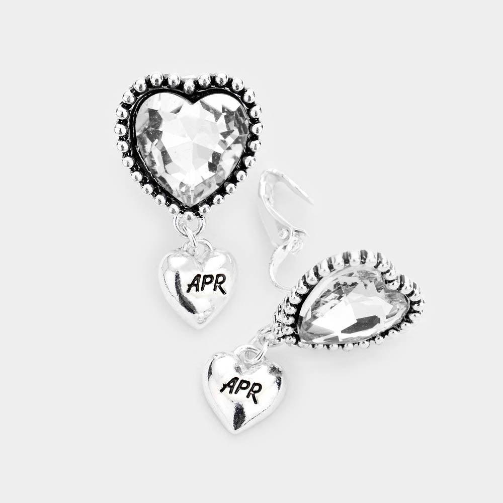 Clear April - Birthstone Heart Dangle Clip On Earrings - Jewelry Store by Erik Rayo