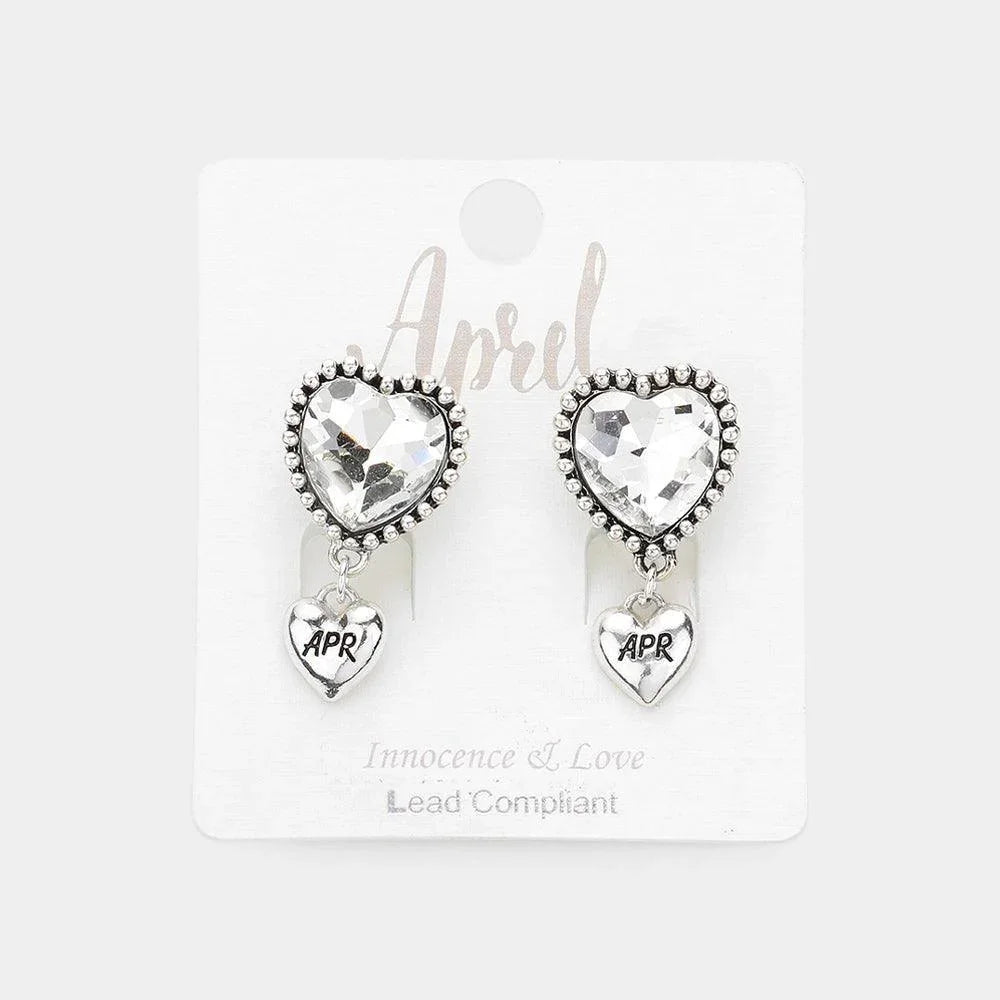 Clear April - Birthstone Heart Dangle Clip On Earrings - Jewelry Store by Erik Rayo