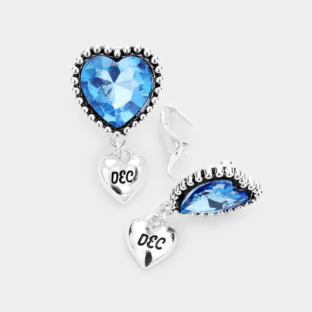 Blue December - Birthstone Heart Dangle Clip On Earrings - Jewelry Store by Erik Rayo