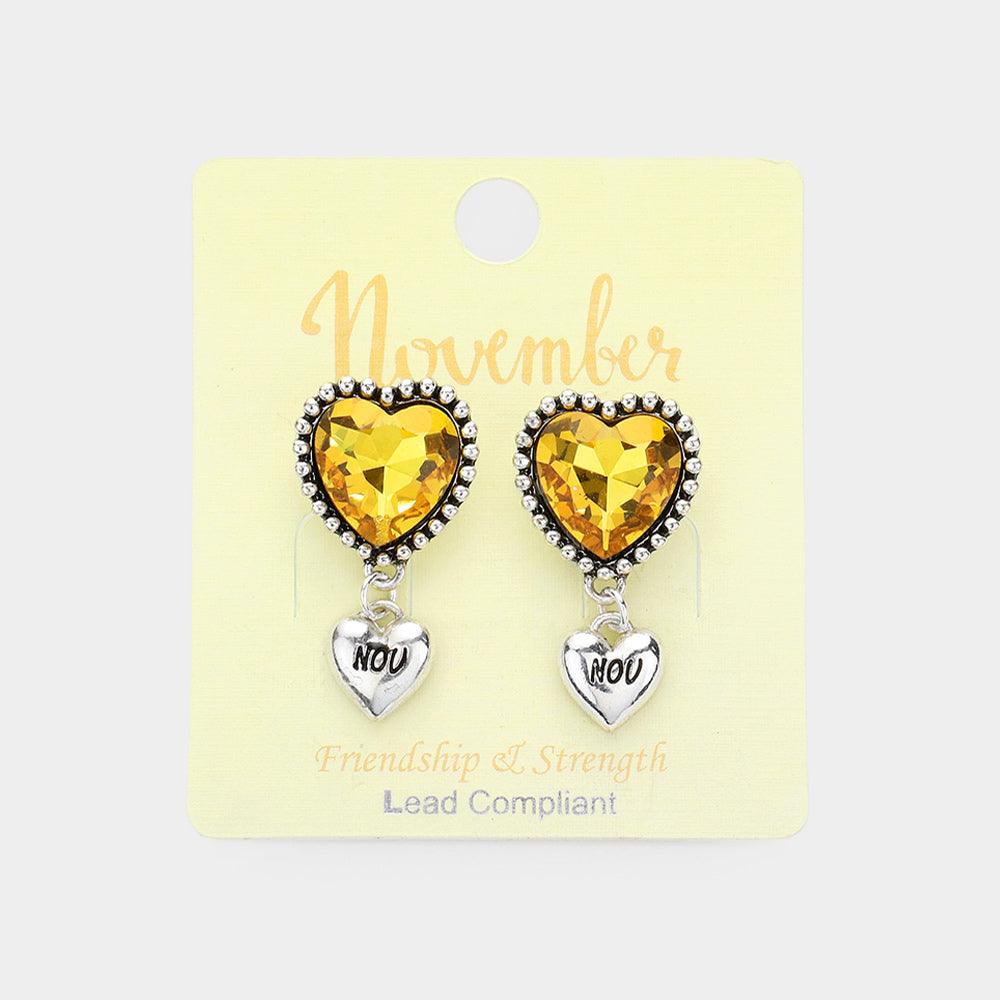 Yellow November - Birthstone Heart Dangle Clip On Earrings