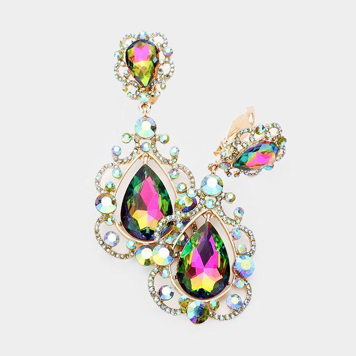 Gold Floral Crystal Teardrop Clip On Evening Earrings - Jewelry Store by Erik Rayo