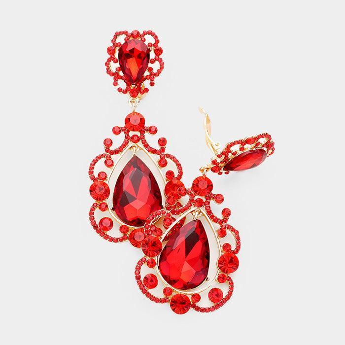Red Floral Crystal Teardrop Clip On Evening Earrings - Jewelry Store by Erik Rayo