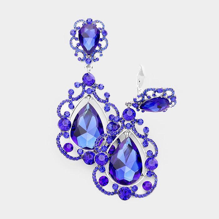 Blue Floral Crystal Teardrop Clip On Evening Earrings - Jewelry Store by Erik Rayo