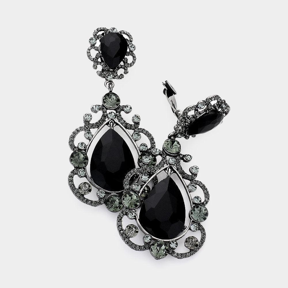 Black Floral Crystal Teardrop Clip On Evening Earrings - Jewelry Store by Erik Rayo