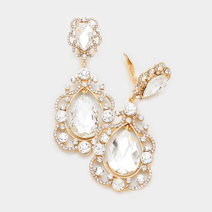 Gold Floral Crystal Teardrop Clip On Evening Earrings - Jewelry Store by Erik Rayo