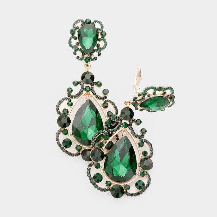 Green Floral Crystal Teardrop Clip On Evening Earrings - Jewelry Store by Erik Rayo