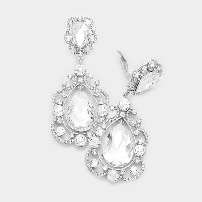 Clear Floral Crystal Teardrop Clip On Evening Earrings - Jewelry Store by Erik Rayo