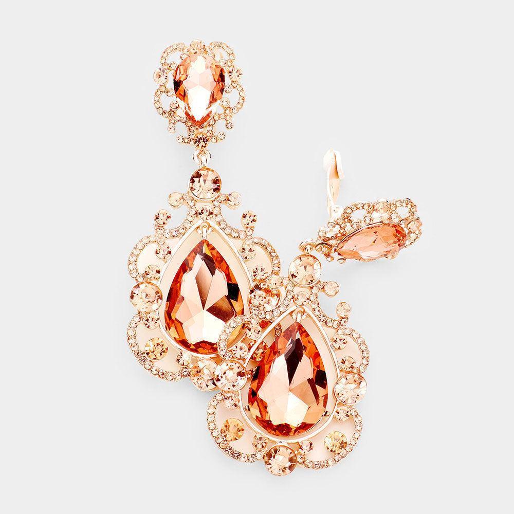 Rose Gold Floral Crystal Teardrop Clip On Evening Earrings - Jewelry Store by Erik Rayo