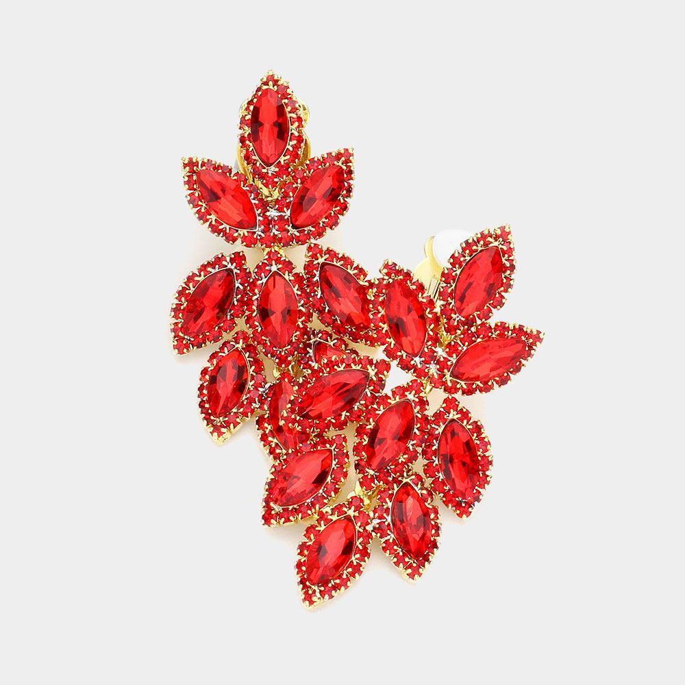 Red Pave Trim Crystal Rhinestone Oval Clustered Clip On Earrings - Jewelry Store by Erik Rayo