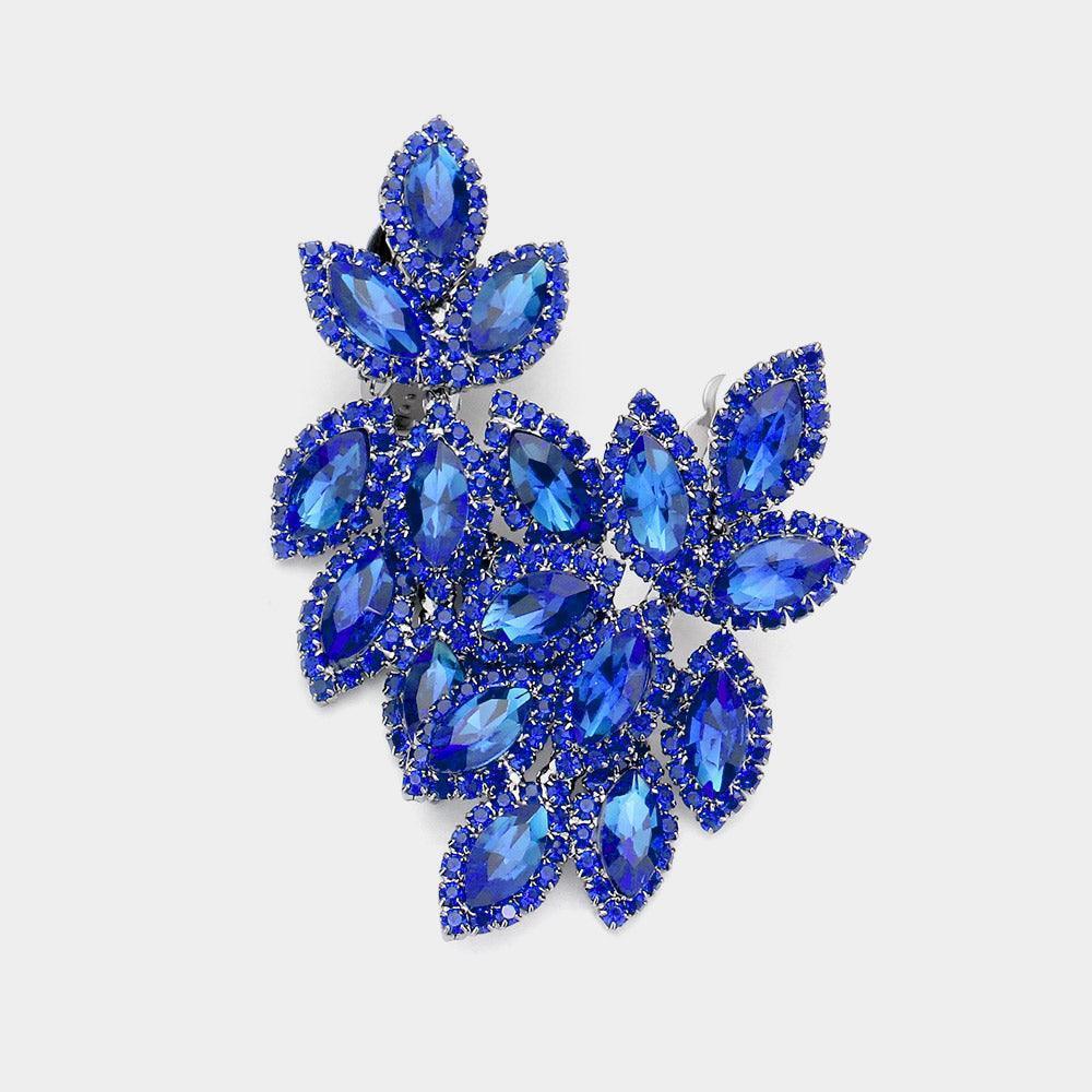 Blue Pave Trim Crystal Rhinestone Oval Clustered Clip On Earrings - Jewelry Store by Erik Rayo