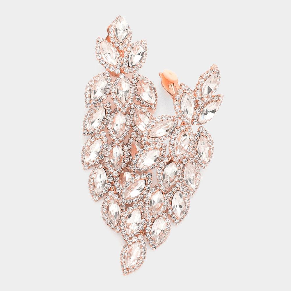 Rose Gold Marquise Crystal Cluster Vine Clip On Evening Earrings