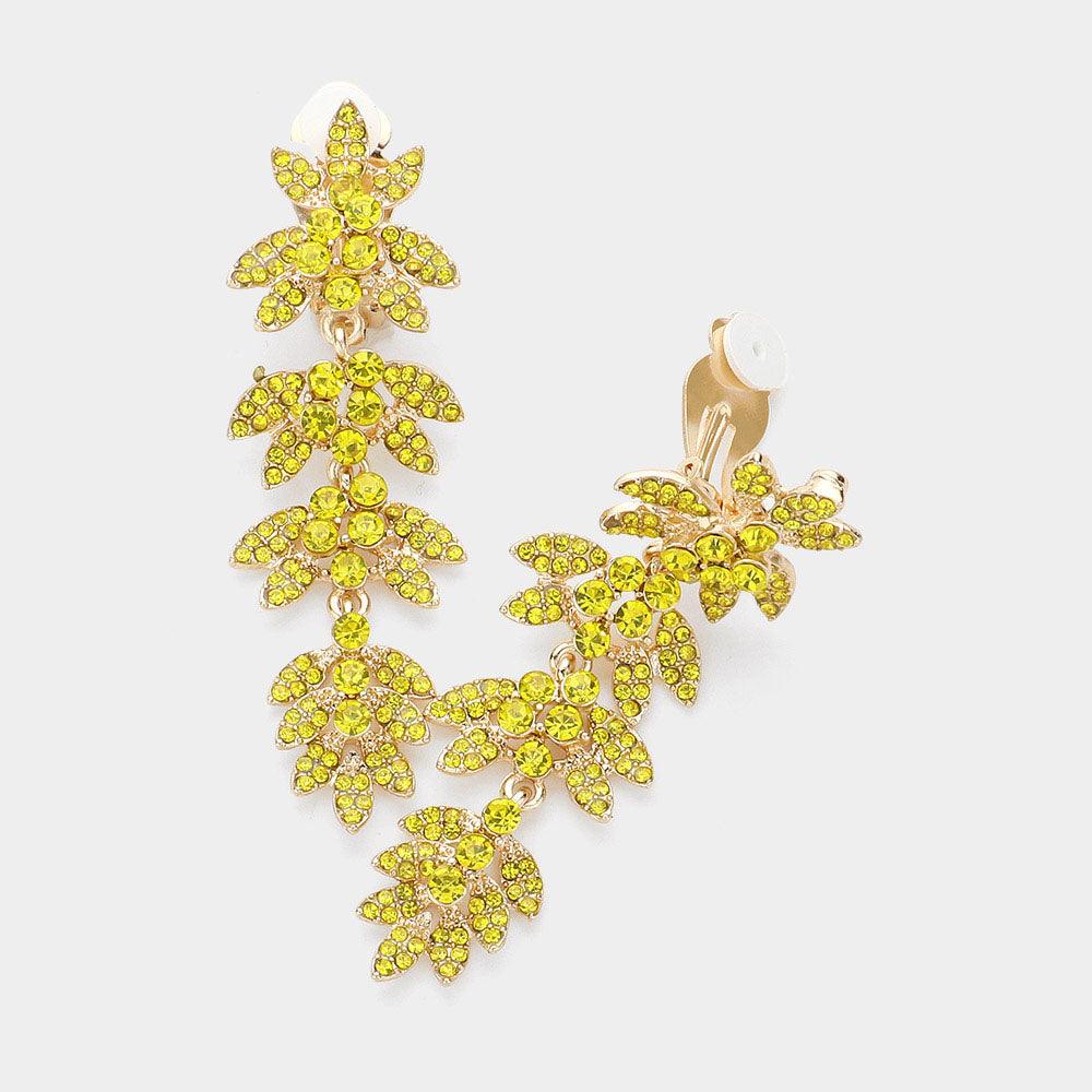 Yellow Rhinestone Paved Vine Dropdown Evening Earrings