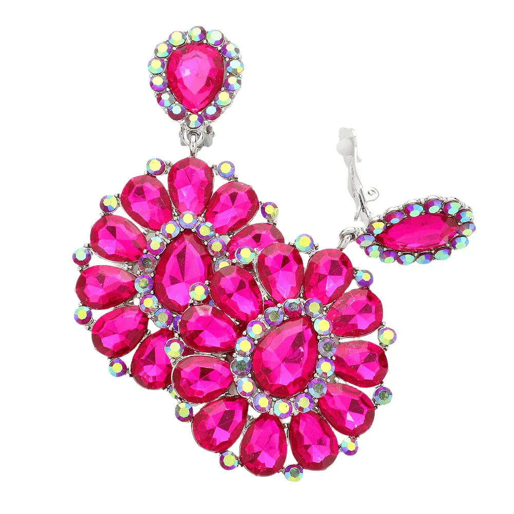 Fuchsia Crystal Teardrop Cluster Statement Clip on Earrings - Jewelry Store by Erik Rayo