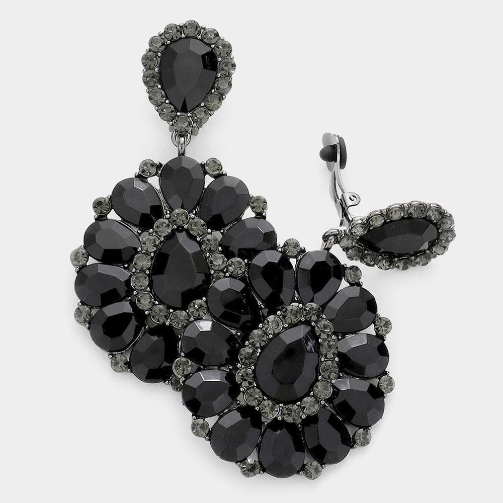 Black Crystal Teardrop Cluster Statement Clip on Earrings - Jewelry Store by Erik Rayo