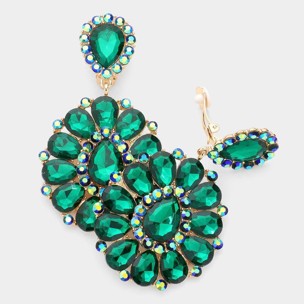Green Crystal Teardrop Cluster Statement Clip on Earrings - Jewelry Store by Erik Rayo