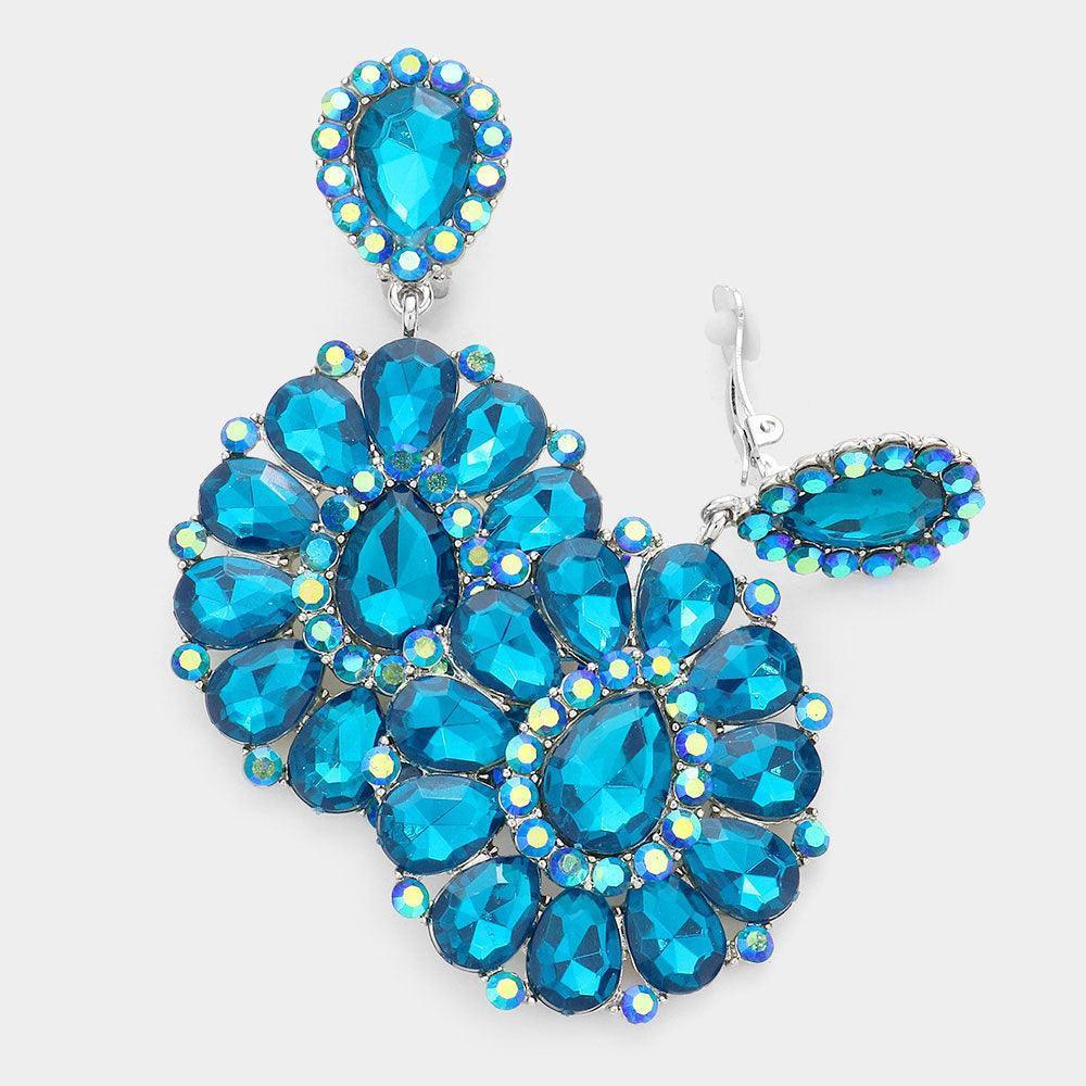 Blue Crystal Teardrop Cluster Statement Clip on Earrings - Jewelry Store by Erik Rayo