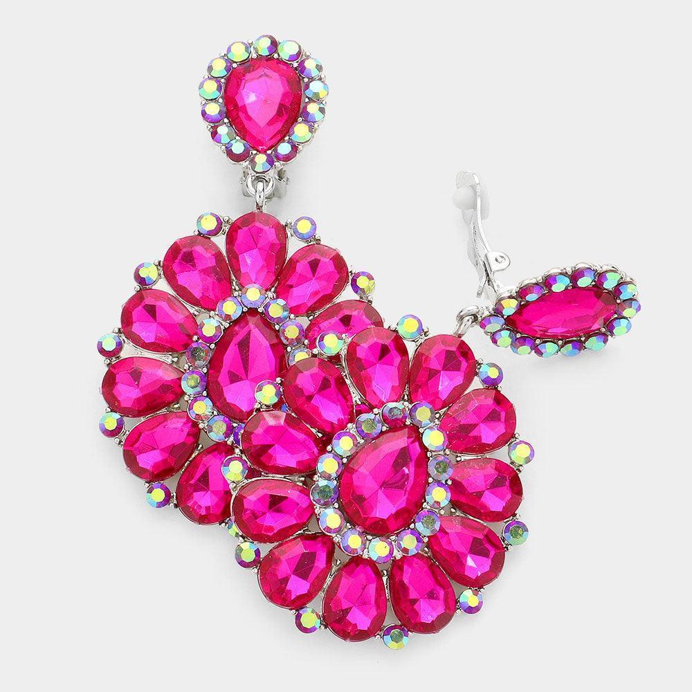Fuchsia Crystal Teardrop Cluster Statement Clip on Earrings - Jewelry Store by Erik Rayo