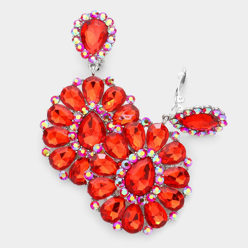 Red Crystal Teardrop Cluster Statement Clip on Earrings