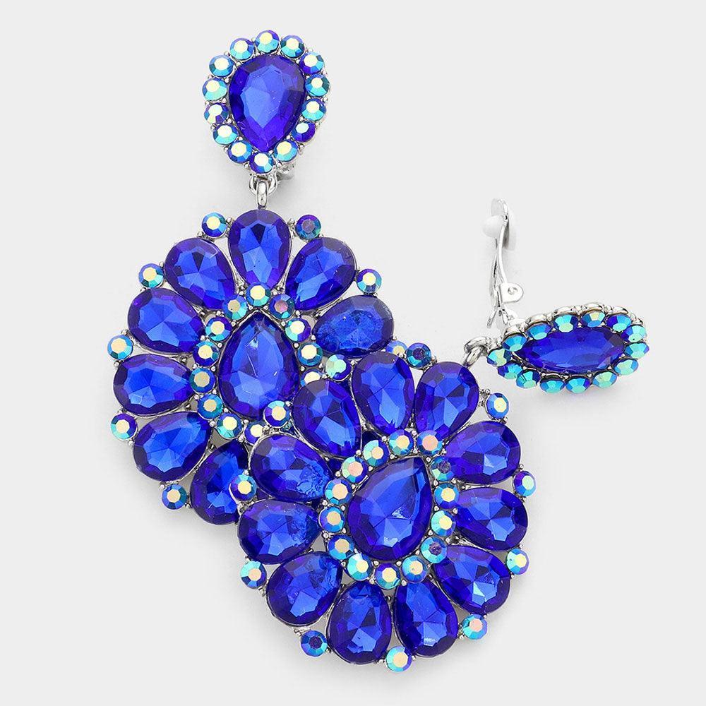 Blue Crystal Teardrop Cluster Statement Clip on Earrings - Jewelry Store by Erik Rayo