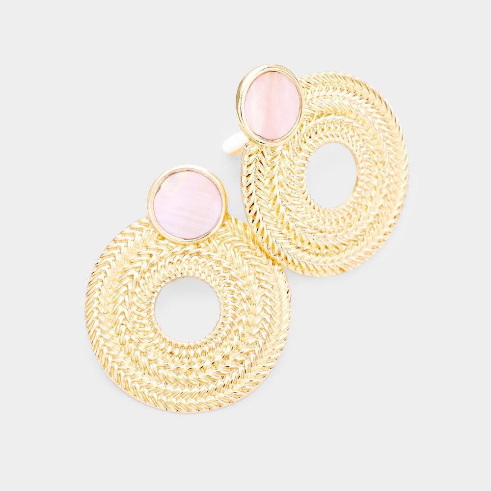 Pink Natural Stone Geometric Open Circle Metal Clip on Earrings - Jewelry Store by Erik Rayo