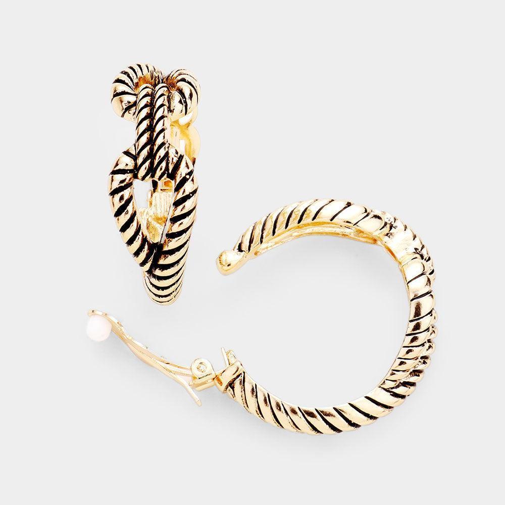 Gold Metal Knot Textured Hoop Clip on Earrings - Jewelry Store by Erik Rayo