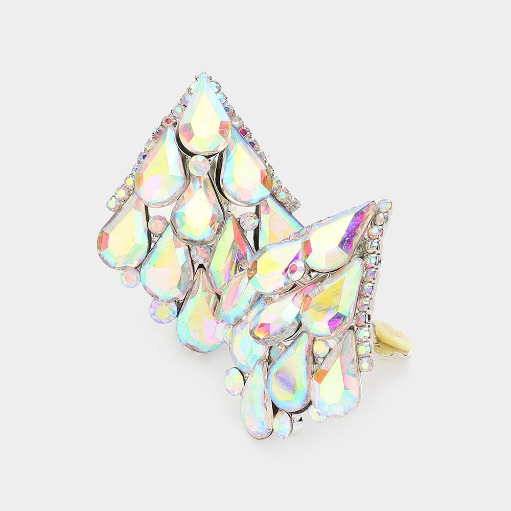 Silver Pave Rhinestone Teardrop Cluster Clip-On Earrings