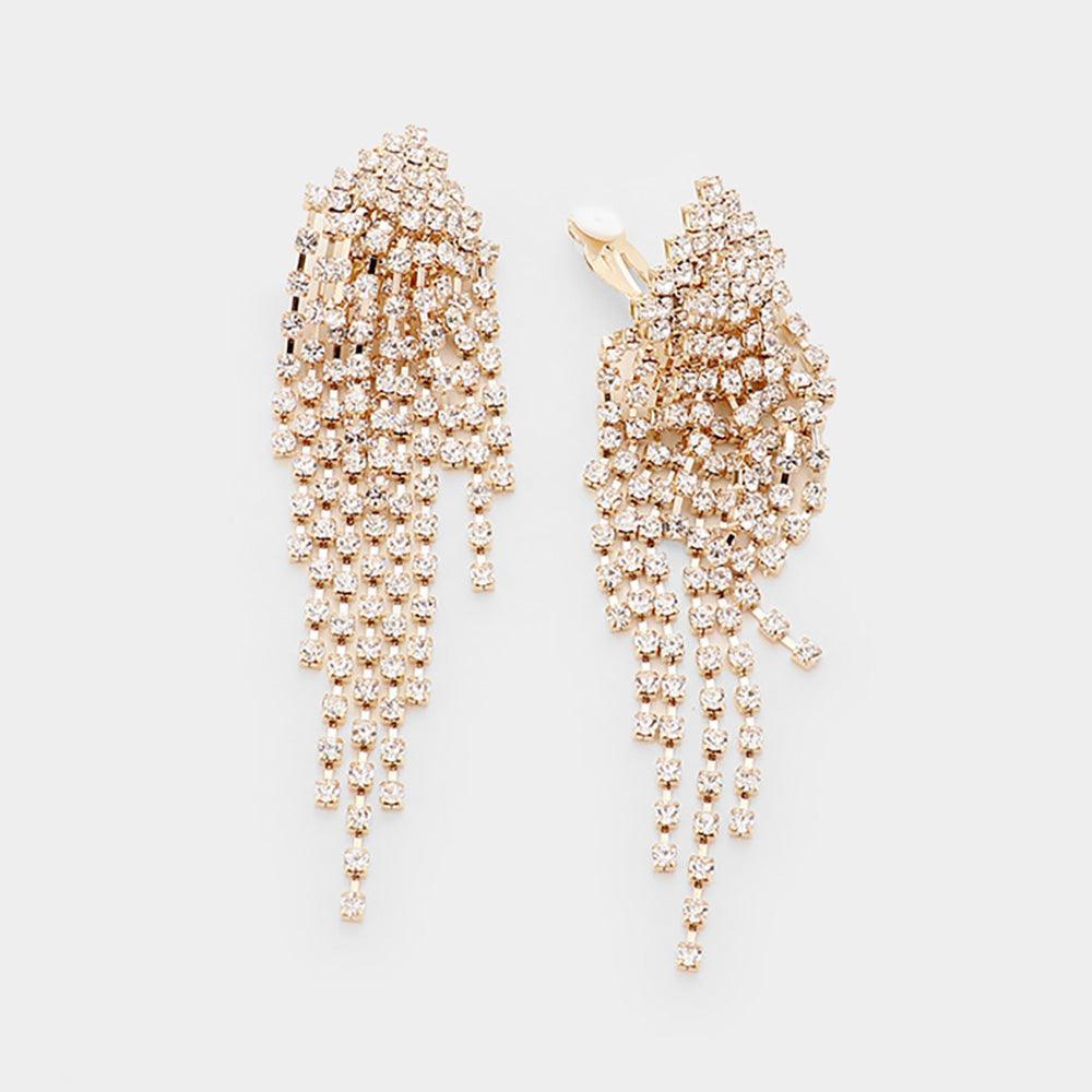 Clear Rhinestone Pave Tassel Clip On Earrings - Jewelry Store by Erik Rayo