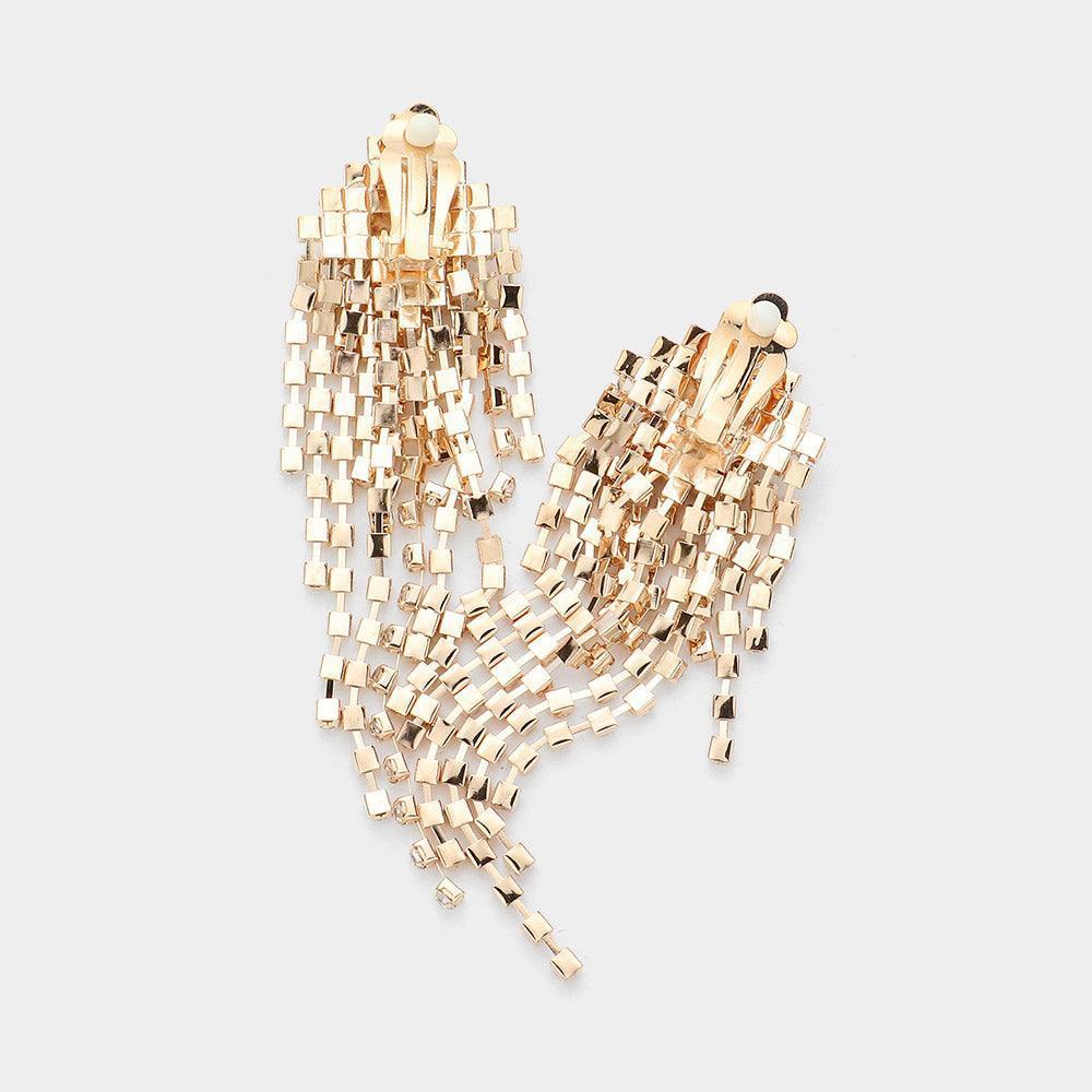 Clear Rhinestone Pave Tassel Clip On Earrings - Jewelry Store by Erik Rayo