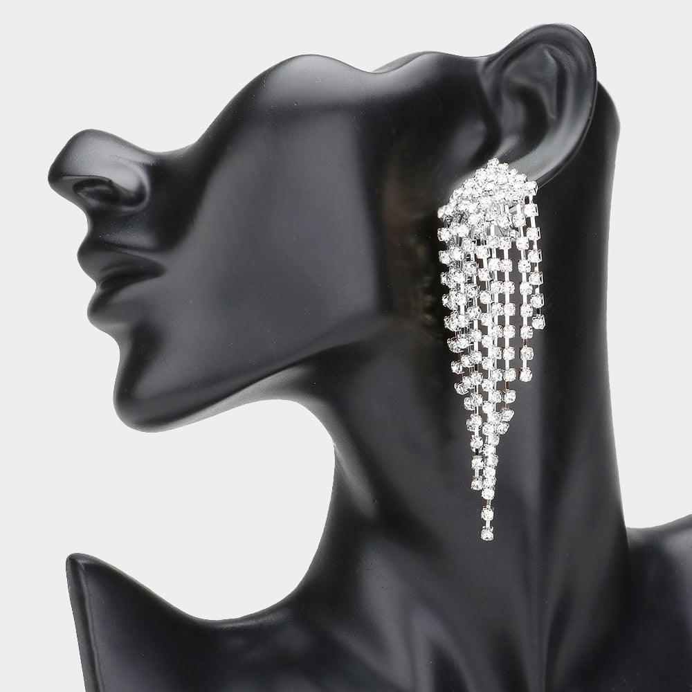 Clear Rhinestone Pave Tassel Clip On Earrings