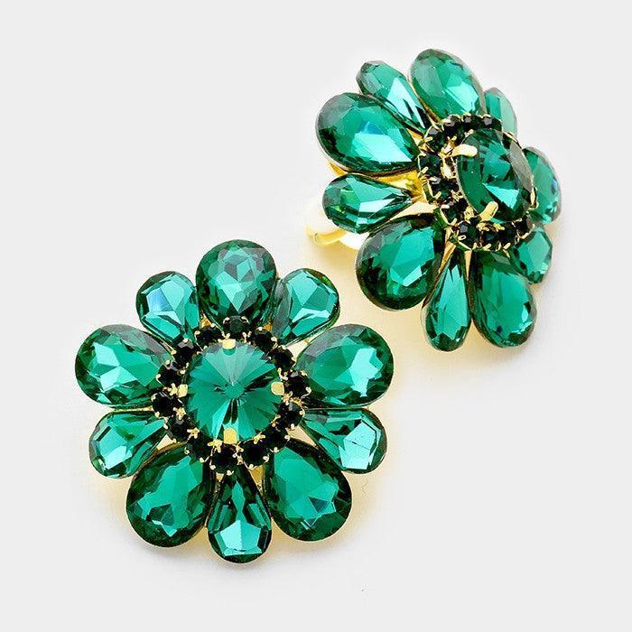 Green Glass crystal flower clip on earrings - Jewelry Store by Erik Rayo