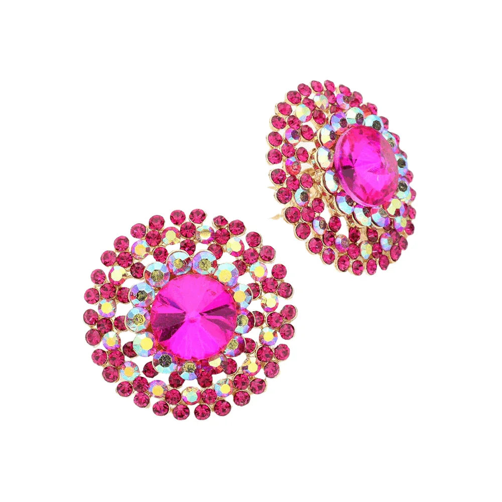 Fuchsia Crystal Round Evening Clip on Earrings - Jewelry Store by Erik Rayo