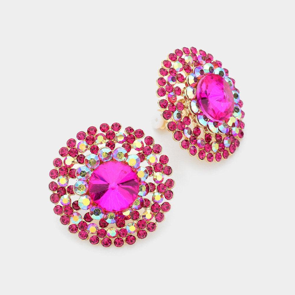 Fuchsia Crystal Round Evening Clip on Earrings - Jewelry Store by Erik Rayo