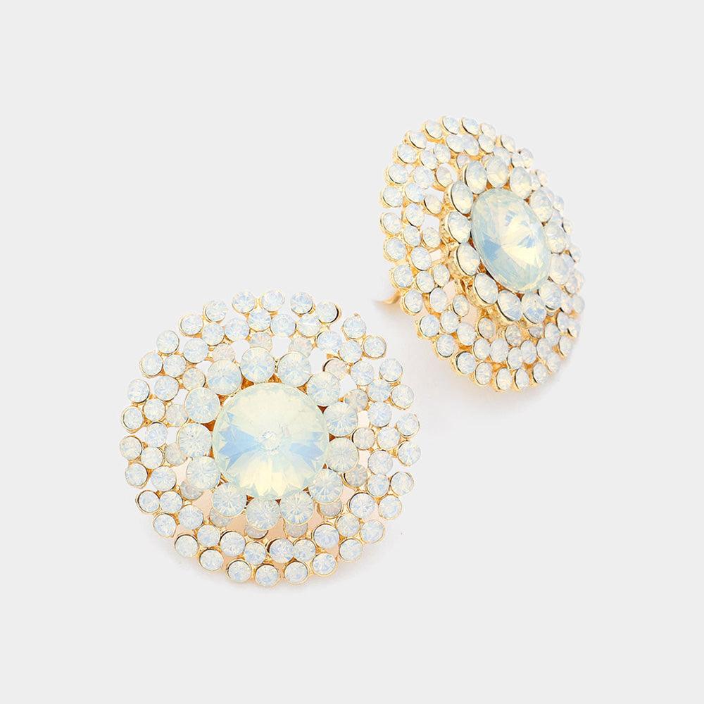 White Crystal Round Evening Clip on Earrings