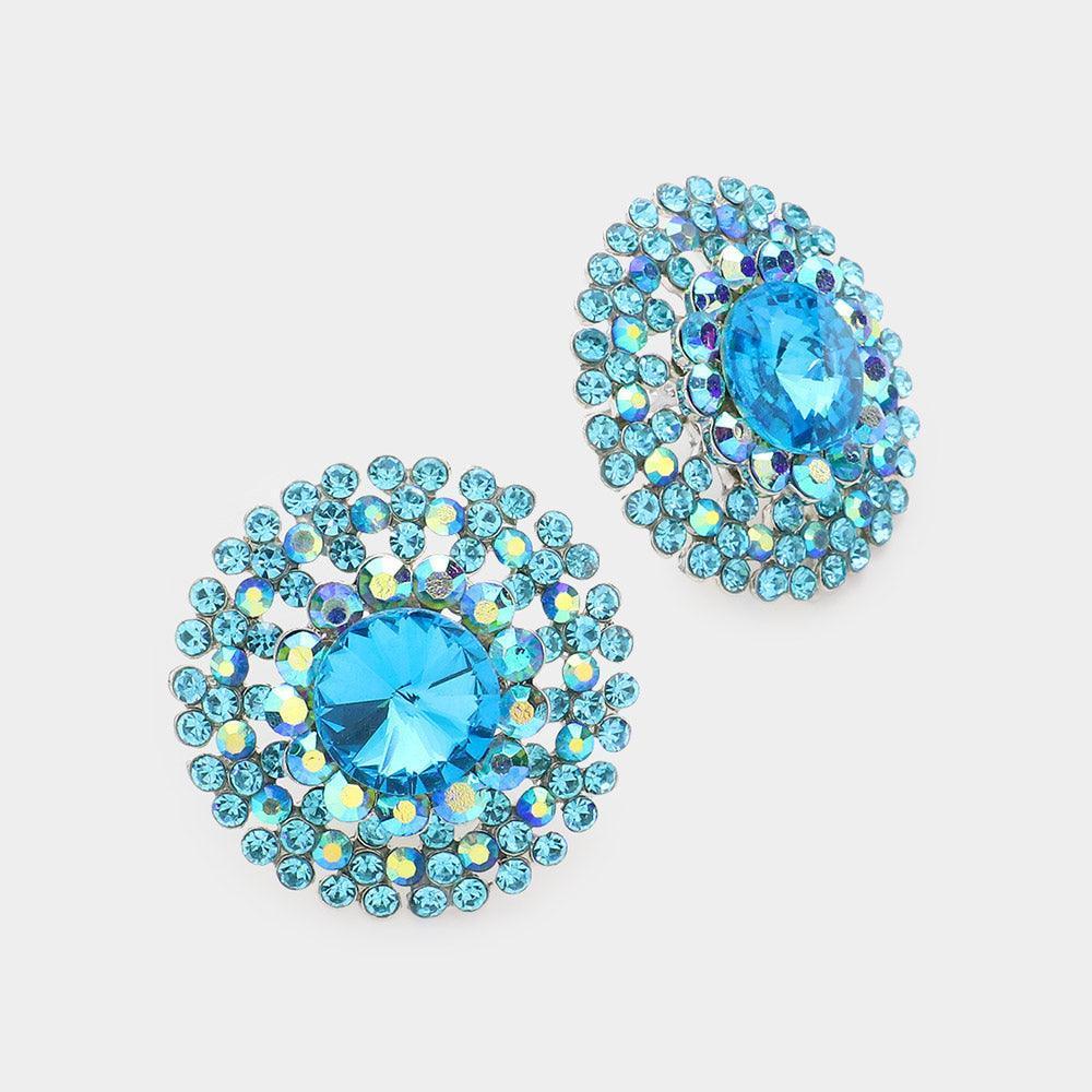 Aqua Crystal Round Evening Clip on Earrings - Jewelry Store by Erik Rayo