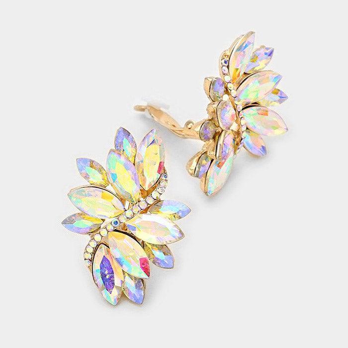 Gold Swirl glass crystal marquise cluster clip on earrings