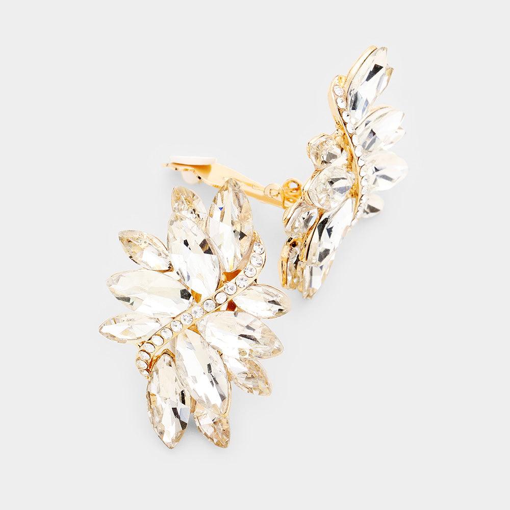 Clear Swirl Glass Crystal Marquise Cluster Clip On Earrings