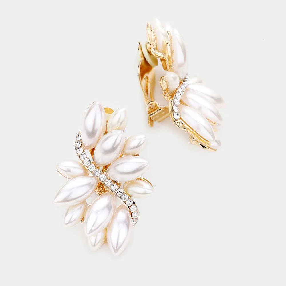 Cream Swirl Pearl marquise cluster clip on earrings