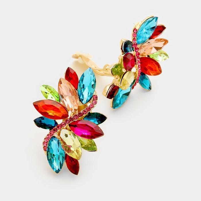 Swirl glass crystal marquise cluster clip on earrings - Jewelry Store by Erik Rayo