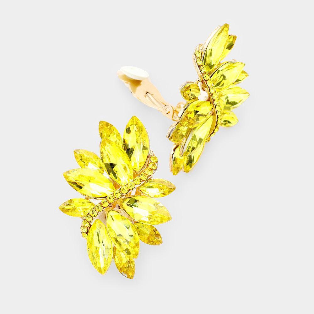 Yellow Swirl Glass Crystal Marquise Cluster Clip On Earrings - Jewelry Store by Erik Rayo