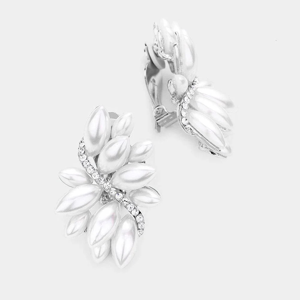 White Swirl Pearl marquise cluster clip on earrings - Jewelry Store by Erik Rayo