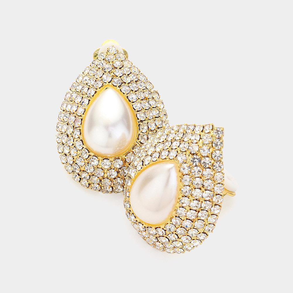 Cream Crystal pearl teardrop clip on earrings - Jewelry Store by Erik Rayo