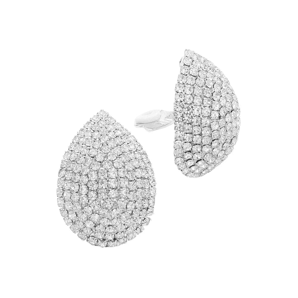 Clear Crystal Rhinestone Teardrop Dome Clip On Earrings - Jewelry Store by Erik Rayo