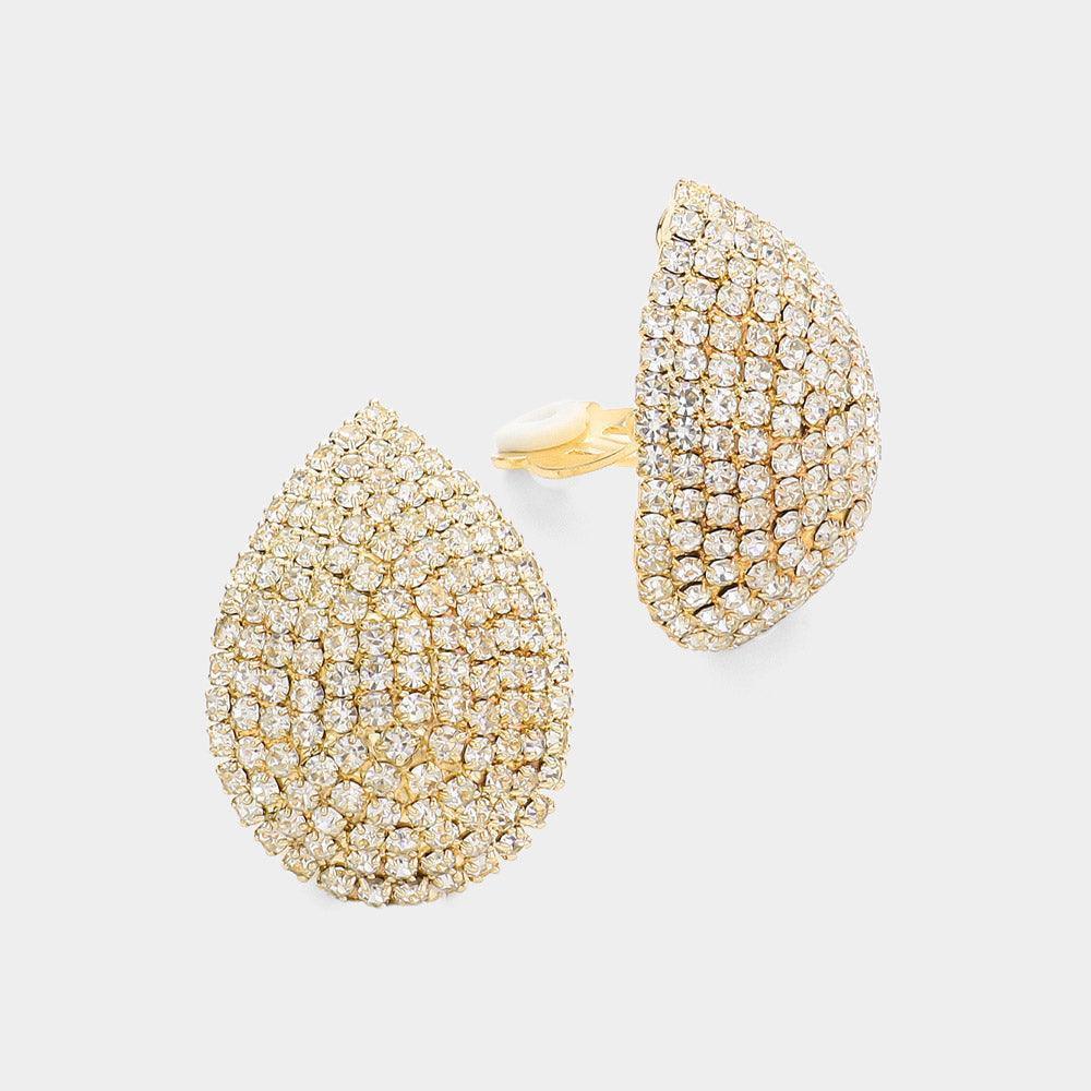Clear Crystal Rhinestone Teardrop Dome Clip On Earrings - Jewelry Store by Erik Rayo