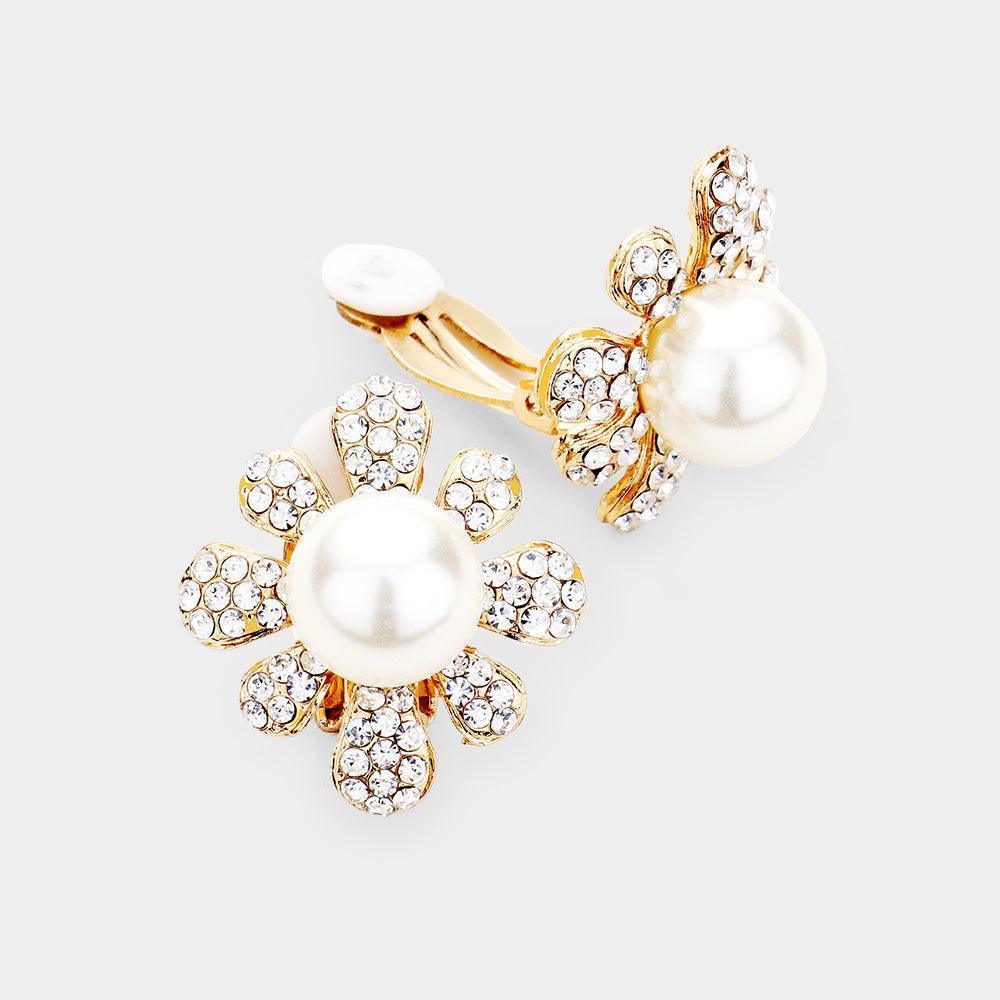 Gold Pearl Centered Crystal Floral Clip On Earrings - Jewelry Store by Erik Rayo