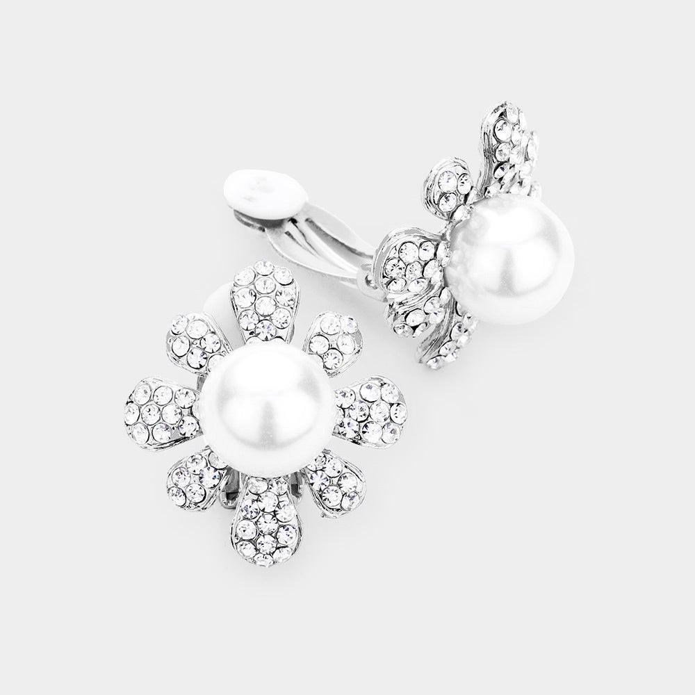 White Pearl Centered Crystal Floral Clip On Earrings - Jewelry Store by Erik Rayo